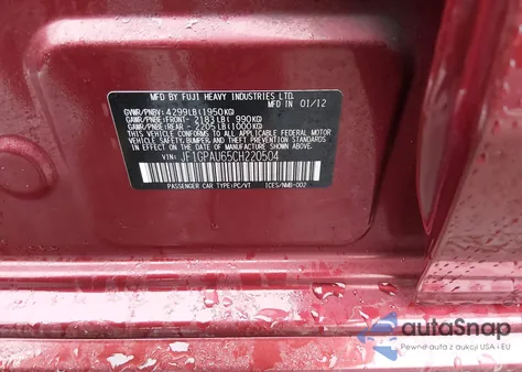 2012 Subaru Impreza 2.0I Sport Limited z USA, uszkodzony, nr VIN JF1GPAU65CH220504